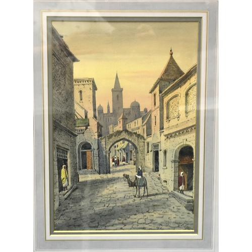 9 - E Sinegam NORTH AFRICAN STREET SCENE WITH STATUE MONUMENT, BUILDINGS, FIGURES AND CAMEL Signed water... 