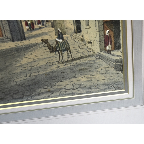 9 - E Sinegam NORTH AFRICAN STREET SCENE WITH STATUE MONUMENT, BUILDINGS, FIGURES AND CAMEL Signed water... 