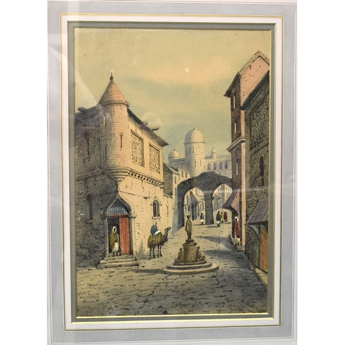 9 - E Sinegam NORTH AFRICAN STREET SCENE WITH STATUE MONUMENT, BUILDINGS, FIGURES AND CAMEL Signed water... 