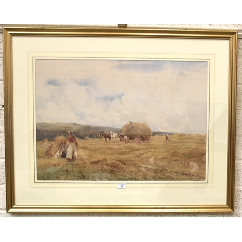15 - Claude Hayes RI (1852-1922) FIGURES HARVESTING, WITH HORSE-DRAWN CART, Signed watercolour, 52 x 73cm... 