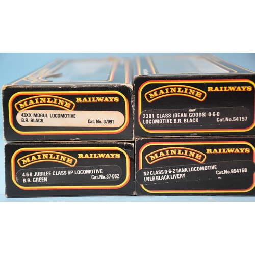 57 - Mainline, OO gauge, three BR locomotives and tenders and one LNER tank engine, (4).