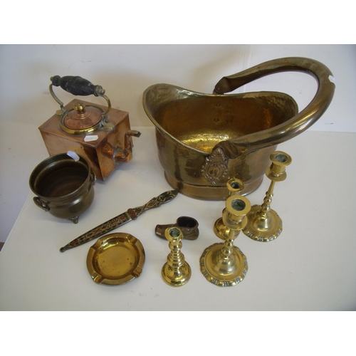 11 - Small brass coal helmet and various brass candlesticks, rectangular copper kettle, Cloisonné ware pa... 