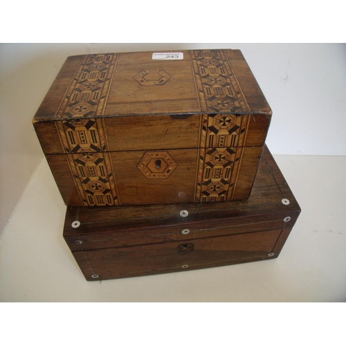 243 - 18th C walnut Tumbridge ware box with lift out tray and another rosewood Mother of Pearl inlaid box ... 
