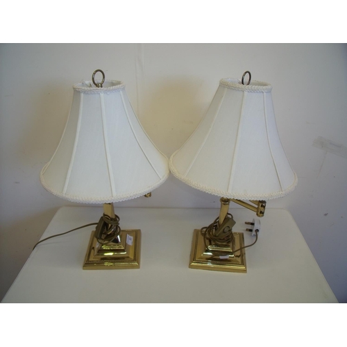 30 - Pair of heavy brass desk lamps with square bases and adjustable arms