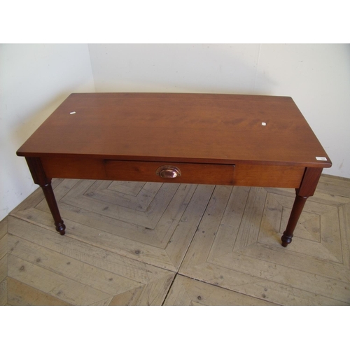 366 - Modern rectangular mahogany coffee table with central drawer on turned supports (120cm x 62cm x 53cm... 