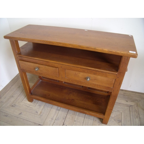 391 - Modern oak side table with open top above two drawers and open base with panel detail to the back an... 