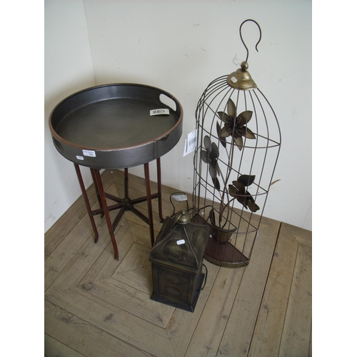 54 - As new ex-shop stock metal circular tray on stand, a floral birdcage wall art figure and a plug in e... 