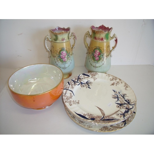 60 - Pair of Edwardian ceramic vases, 4 large Victorian dinner plates and a Carlton wear bright orange bo... 