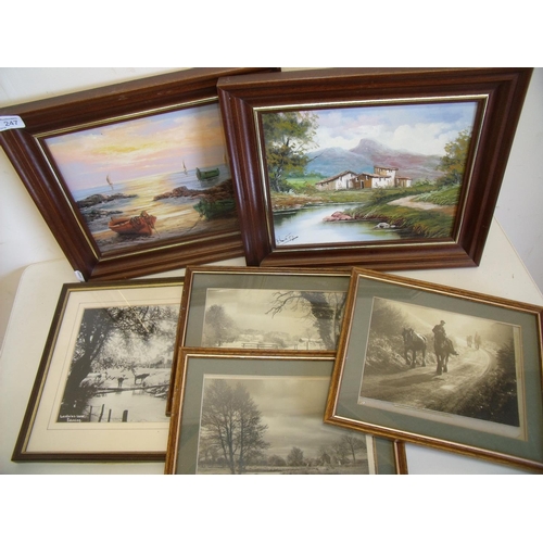 247 - Pair of oil on boards, one of mountain scene, the other of coastal scene and a small selection of fr... 