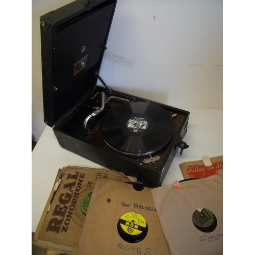 240 - Portable wind-up His Masters Voice record player and a large selection of various classical and othe... 