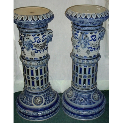 13 - Pair of 19th/20th C German style salt glazed ceramic jardinière stands in the form of columns with c... 