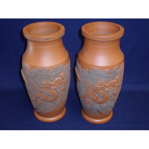 16 - Pair of early-mid 20th C Oriental terracotta vases with Greek key detail border to the rims, the bod... 