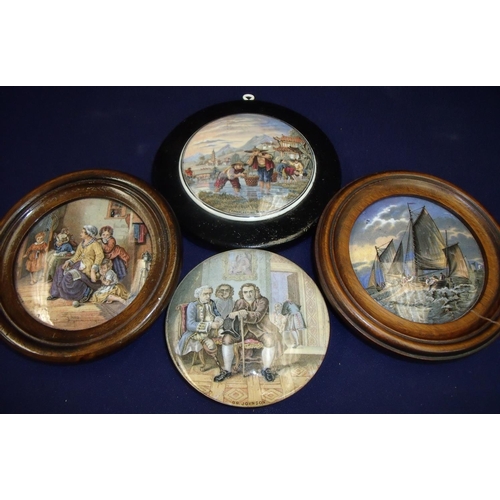 19 - Group of four 19th C pot lids, three in wooden mounts, depicting various scenes including Dr Johnson... 