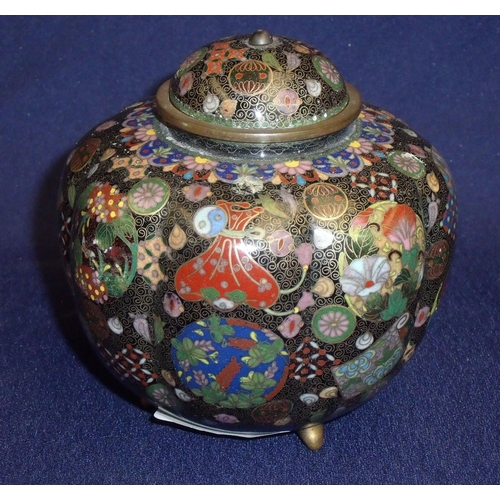 30 - Oriental cloisonné ware jar of pumpkin design with lift off cover on three raised supports (11cm hig... 