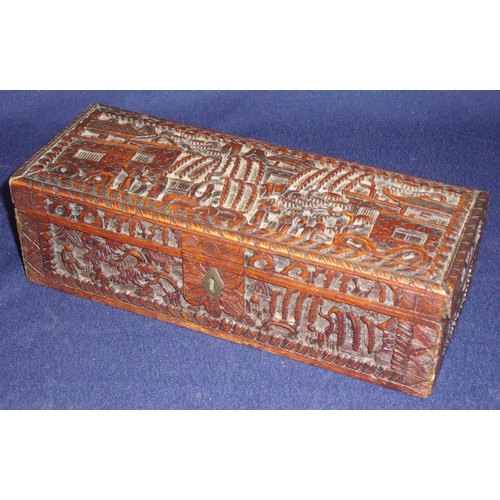 31 - 19th/20th C rectangular carved Chinese hardwood boxed with hinged top revealing silk lined interior ... 