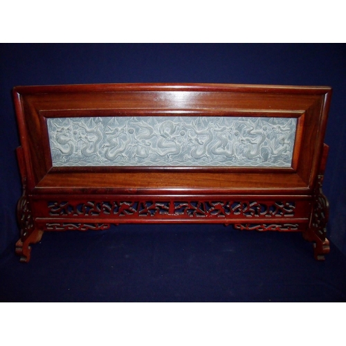 32 - 20th C oriental hardwood table screen with rectangular detachable panel with central carved stone pa... 