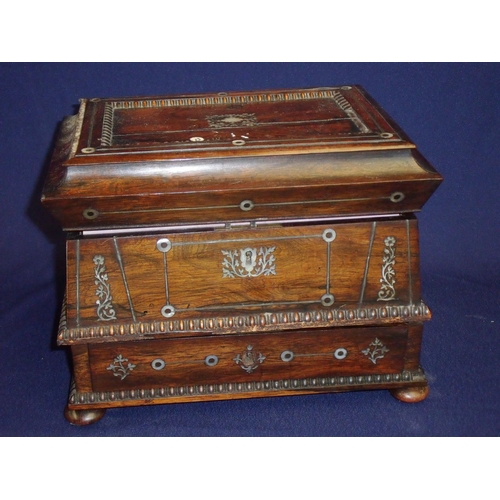42 - 19th C rosewood and Mother of Pearl inlaid sewing/work box, the lift up top revealing fitting interi... 