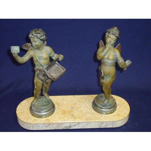 43 - 19th/20th C French group of spelter figures in the form of a cupid & fairy delivering mail on raised... 
