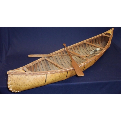 50 - Unusual early 20th C Birchwood bark American/Canadian native canoe with two oars (overall length 90c... 