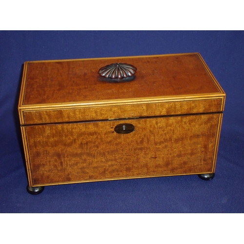 53 - Large 19th C mahogany inlaid tea caddy of rectangular form with carved finial and lift up rectangula... 