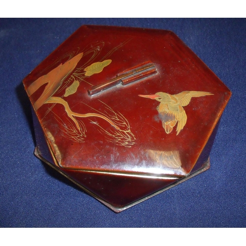 57 - Early - mid 20th C Japanese lacquered box of twisted Hexagon form with gilt detail of Kingfisher on ... 
