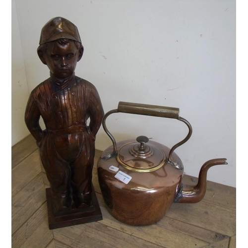 30 - 19th C copper kettle and a Dutch style fire companion boy on square standing supports (2)