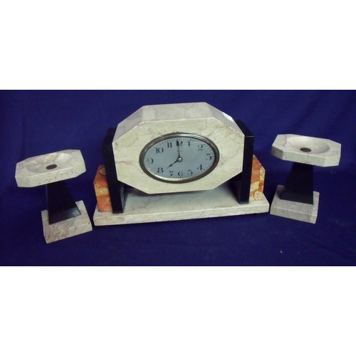 171 - Art deco marble and onyx 8 day mantel clock set with wind up movement