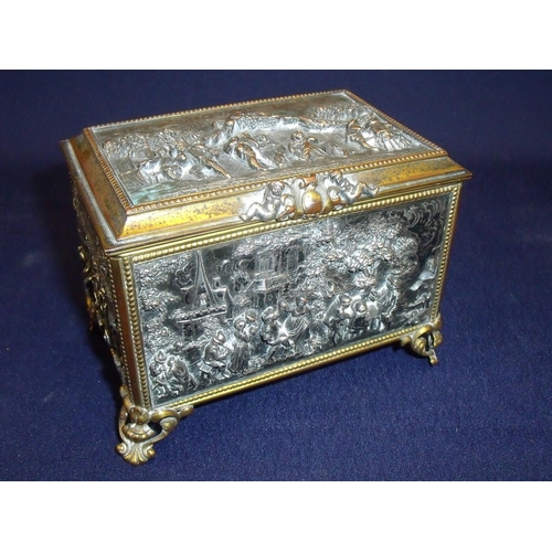 174 - Late 19th C French gilt and plated table casket, the hinged top revealing silk lined and gilt interi... 