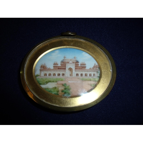 69 - Late 19th C gilt framed oval miniature on ivory of Indian style palace within gilt border (6.5cm x 7... 