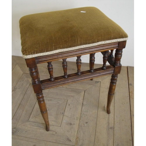 377 - Victorian beech rectangular piano/dressing table stool on turned supports with upholstered top