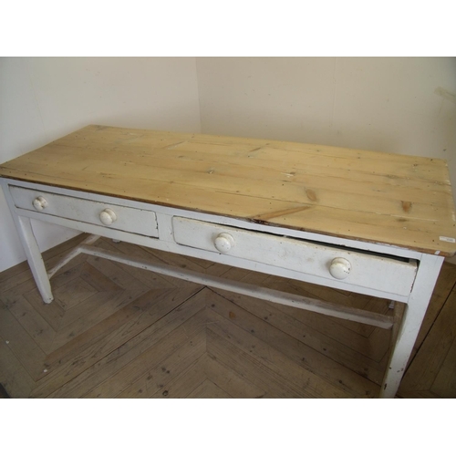 380 - 19th C country house style painted pine two drawer kitchen side table with H shaped under stretcher ... 