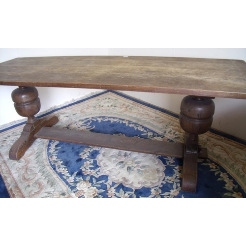 382 - Oak plank top refectory table on heavily bulbous turned supports with broad under stretcher (76cm x ... 