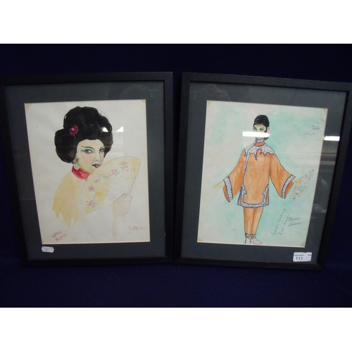 111 - Pair of framed and mounted watercolours of Oriental ladies with various signed details and notes, 1 ... 