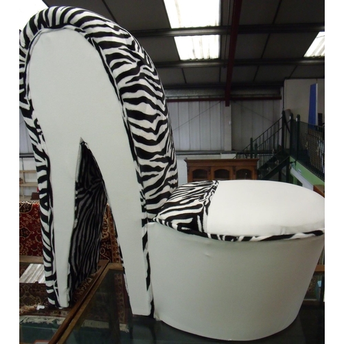 141 - Unusual modern upholstered chair in the form of a zebra print ladies high heel shoe