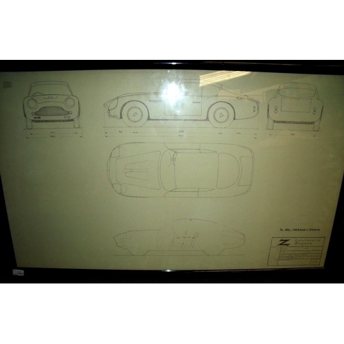 142 - Framed and mounted scale drawings for Aston Martin DB4/GT 1.10scale (111cm x 68cm including frame