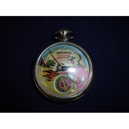 152 - Ingersoll Dan Dare pocket watch, the reverse with engrave eagle, with copy of paperwork for repair w... 