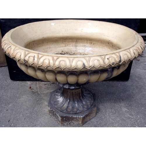 155 - 19th/20th C salt glazed oval garden urn with octagonal base (95cm x 70cm x 67cm)