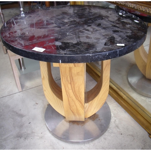 160 - Contemporary circular marble top occasional table on lightwood support and circular stainless steel ... 