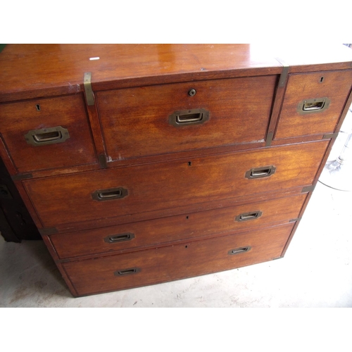 166 - Victorian mahogany secretaire campaign chest in two sections with brass recessed corners, handles an... 