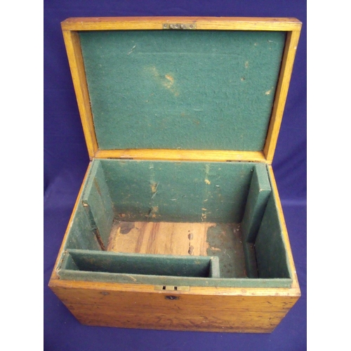 169 - Edwardian oak fishing tackle box with hinged rectangular top and part fitted interior, the top with ... 