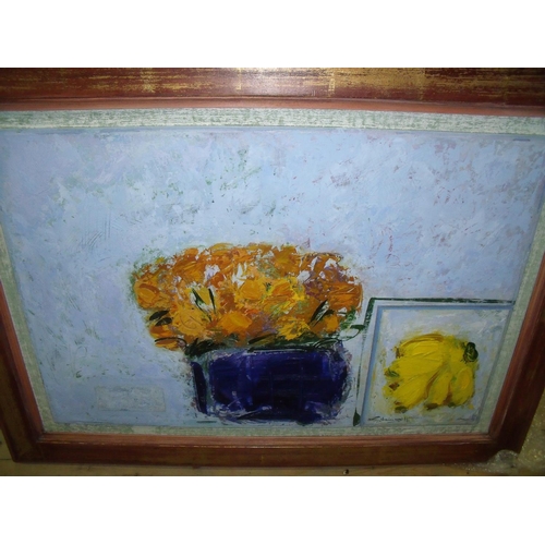 185 - Framed and mounted original George Hainsworth artwork on board 'Still Life Chrysanthemums with Fruit... 