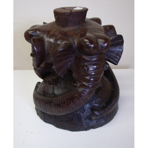 188 - Carved African hardwood pedestal formed from three carved elephant heads (36cm high)