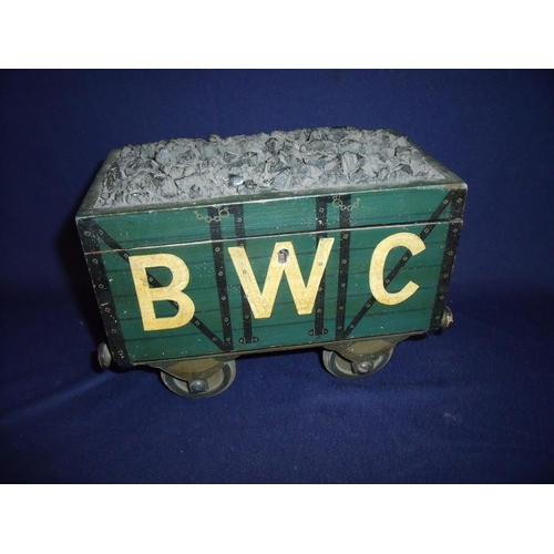 19 - Unusual 19th/20th C tea caddy in the form of a railway coal goods wagon, with painted detail for EWC... 
