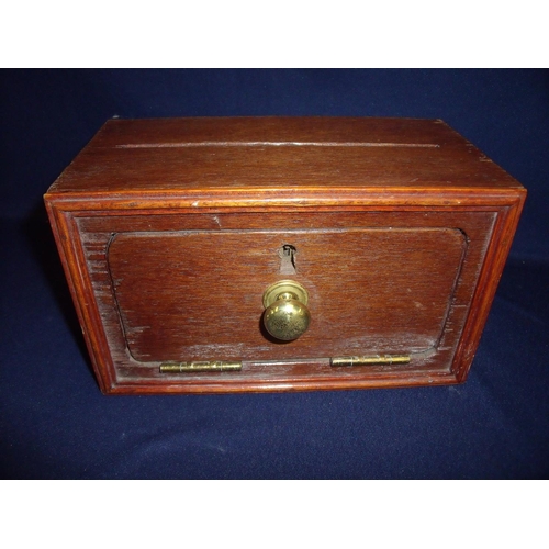 23 - Unusual stained pine wall mounted Cheque Book Request Box with slot to the top and lockable hinged f... 