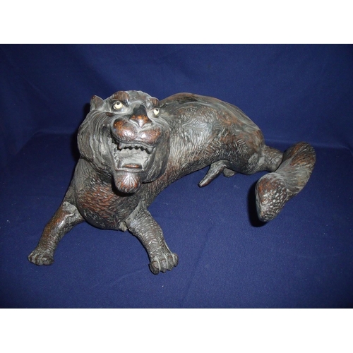 25 - 19th/20th C large Japanese carved root carving in the form of a tiger with inset glass eyes (30cm hi... 