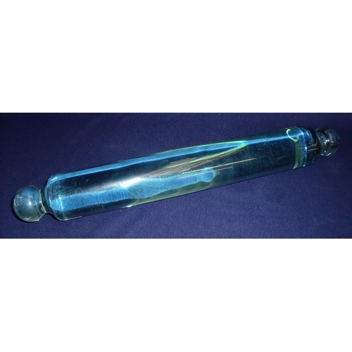 3 - Victorian heavy green glass rolling pin (overall length 43cm)