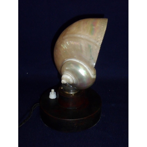 31 - Table lamp on turned wooden base the shade formed from a large shell with engraved detail (height 22... 