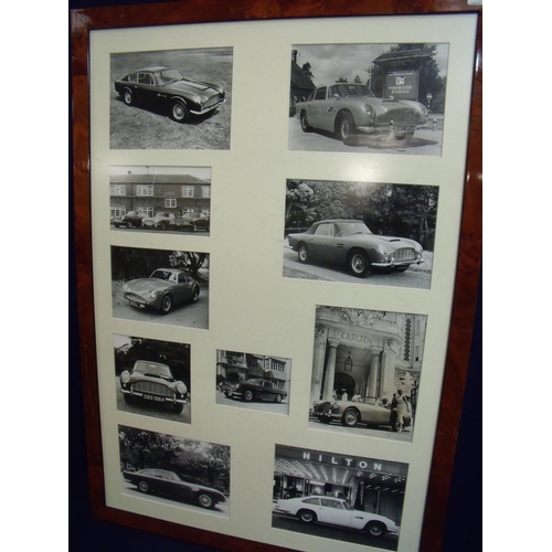 44 - Framed and mounted montage of black and white photographs of various Aston Martin cars (61cm x 87cm)