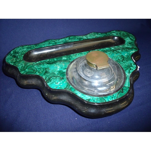 5 - 19th C slate and malachite desk stand with large flat bottomed glass inkwell and recessed pen try, o... 