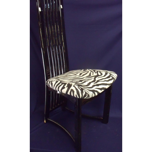 54 - Set of six lacquered Mackintosh style dining chairs with zebra effect upholstered seats (A/F)